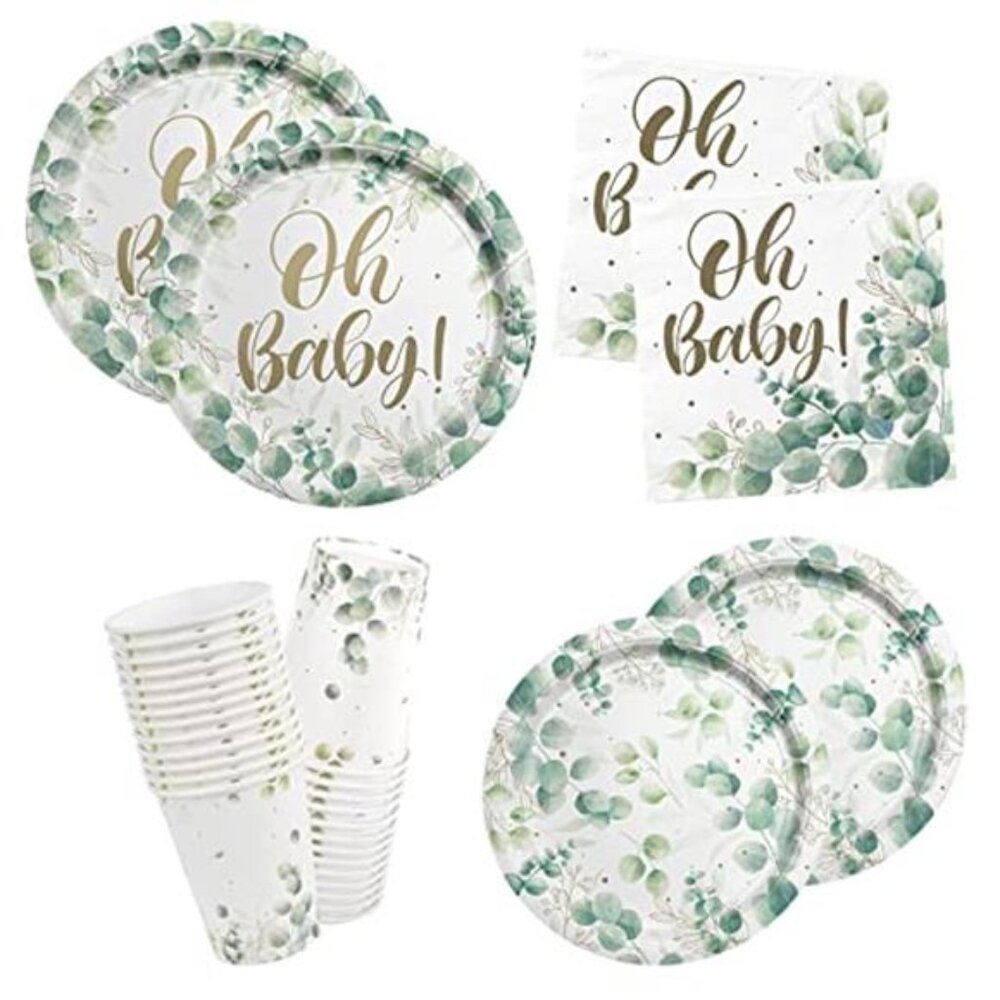Sage Greenery Baby Shower Party Supplies Disposable Plates Cups Napkins Boho